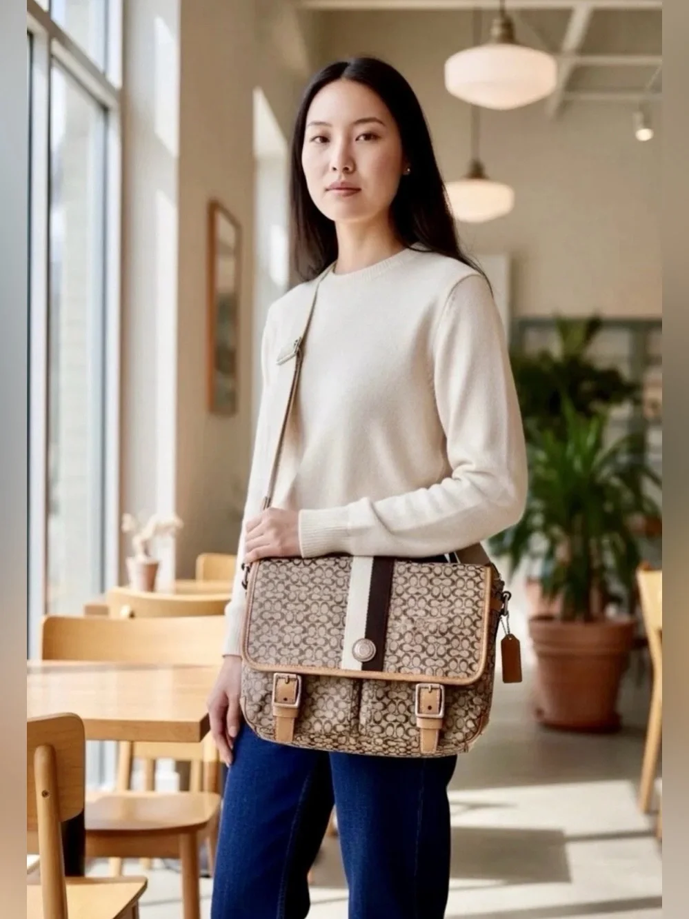 Coach Signature Canvas Crossbody Messenger in Khaki and Chalk with Brown Trim.